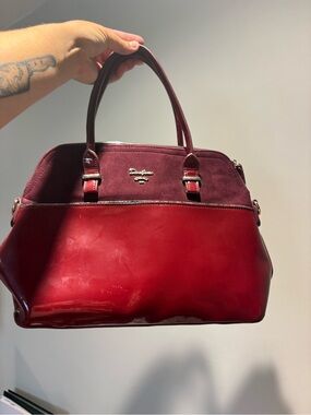 Burgundy Patent & Suede Satchel Handbag by David Jones